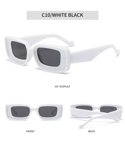 Detailed views of white rectangular sunglasses with dark lenses from multiple angles