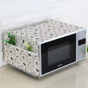 Linen microwave dust cover featuring cat prints, lace trim, and side storage pockets