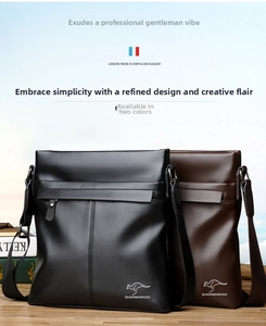 Detail view of black and dark brown men's crossbody bags in premium pebbled faux leather