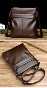 Vertical dark brown leather crossbody bag shown in front and top perspective views