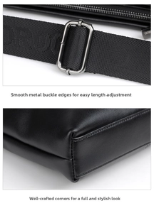 Detail of adjustable silver metal buckle and rounded corner on black leather shoulder bag