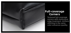 Close-up of reinforced bag corner showing durable stitching and black leather texture