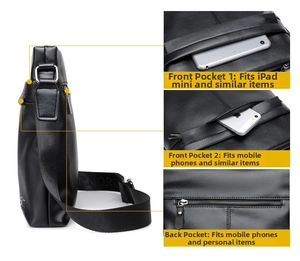 Men's black shoulder bag side view showing multi-pocket storage and slim profile