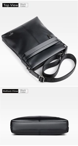 Detail shot of black leather shoulder bag with zipper opening and brand embossed strap