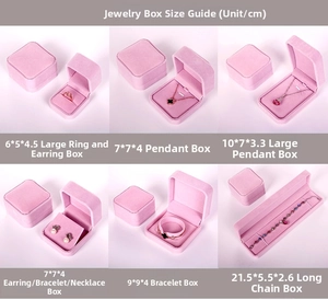 Detailed size guide for velvet jewelry boxes including ring, necklace and bracelet cases