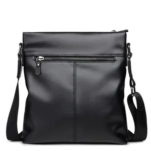 Classic black leather business crossbody bag for men with a front zipper pocket