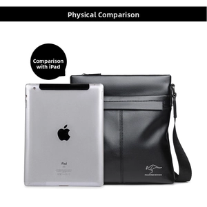 Detailed comparison of black leather messenger bag size next to an iPad for business