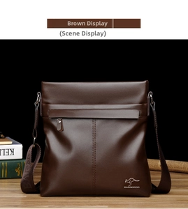 Detailed close-up of dark brown business crossbody bag with embossed logo and matte finish