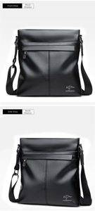 Detailed views of a black leather men's messenger bag with adjustable strap and logo