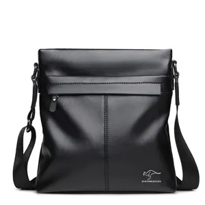 Classic black leather messenger bag for men with adjustable strap and spacious business design