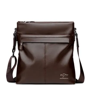 Deep brown leather messenger bag for men with adjustable logo strap and front zipper
