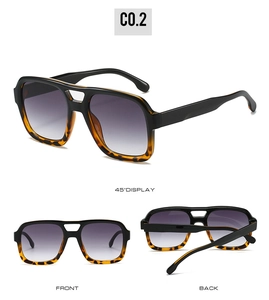 Detail view showing front and back of square aviator sunglasses with leopard pattern