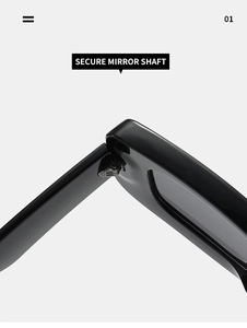 Macro shot of reinforced hinge and secure mirror shaft on black square sunglasses