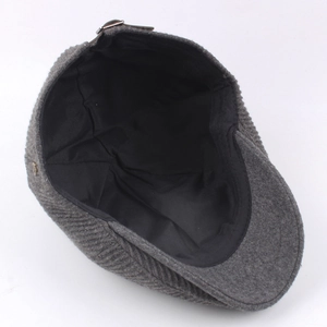 Classic men's grey herringbone knit beret hat with adjustable metal buckle and warm lining