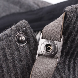Men's knitted beret hat in dark grey with adjustable leather strap and metal buckle