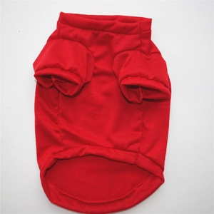 Flat lay of a red cotton dog T-shirt with ribbed neck and sleeveless design details