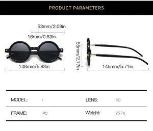 Detailed sizing chart and specifications for vintage round frame polycarbonate sunglasses