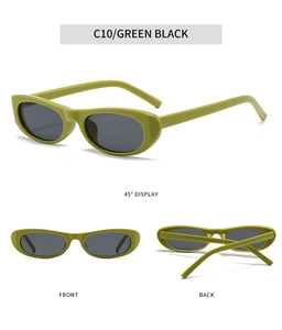 Trois perspectives de lunettes de soleil ovales rétro vert olive avec verres gris foncé
