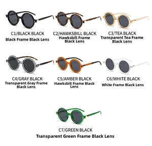 Detail view of round vintage sunglasses in multiple frame colors and dark grey lenses