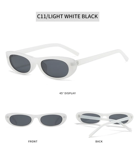Trois perspectives de lunettes de soleil ovales avec monture blanc clair et verres noirs