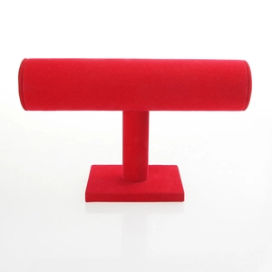 Red velvet T-bar jewelry display stand for watches bracelets and headwear on white background