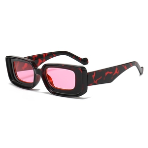 Retro rectangle sunglasses with red tortoiseshell frames and pink transparent lenses