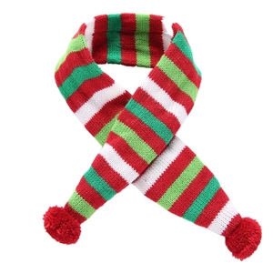 Striped Christmas dog scarf with red pom-poms for large pets winter warm accessory