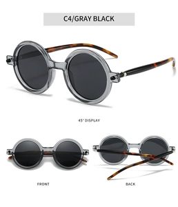 Three perspectives of retro round sunglasses with gray frames and tortoiseshell temples