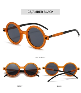 Multi-angle views of retro round amber frames with dark grey lenses in professional layout