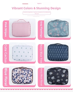 Detailed grid view showing six patterns of large capacity travel cosmetic bags with handles