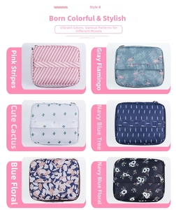 Collage of large capacity makeup bags featuring six different colorful patterns with top zippers
