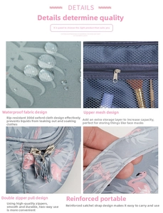 Detail view of large travel toiletry bag with flamingo print and waterproof oxford fabric