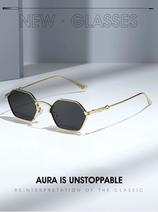 Detailed view of polygonal metal frame sunglasses with dark lenses on a minimalist stand