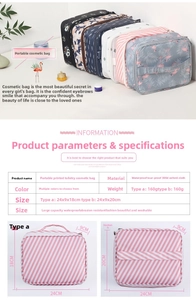 Detailed size chart for the waterproof 300D Oxford cloth cosmetic organizer bag