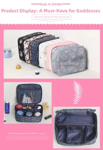 Detail view of large capacity makeup bag with interior mesh pockets and compartments
