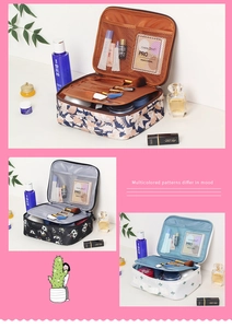 Travel makeup bags with interior brush slots and mesh pockets in three floral patterns