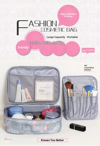 Detail of large capacity makeup bag with flamingo print and internal mesh pockets