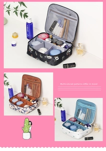Detailed view of large cosmetic bags with floral patterns and internal compartments