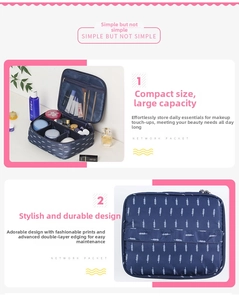 Macro detail of large capacity navy floral makeup bag with internal mesh compartments