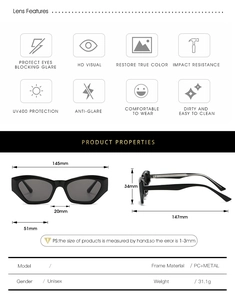 Detailed sizing chart for black geometric sunglasses with PC and metal frame dimensions