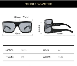 Detailed size specifications of black oversized Y2K cyberpunk wrap-around PC sunglasses