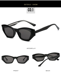 Detailed views of chunky black cat-eye sunglasses with dark grey lenses and acetate frame
