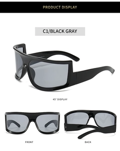 Three-angle views of black Y2K wraparound sunglasses showing front and side details