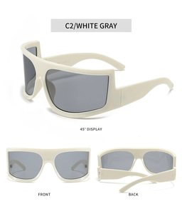 Three views of white oversized Y2K cyberpunk shield sunglasses with gray lenses