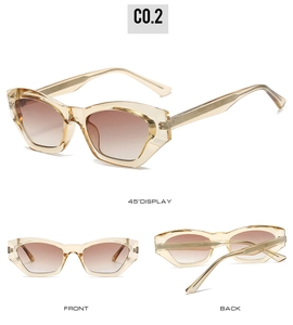 Detailed views of champagne gold cat-eye sunglasses with gradient lenses and geometric frame
