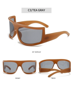 Detail of Y2K wraparound tea gray sunglasses with wide side shields and dark lenses