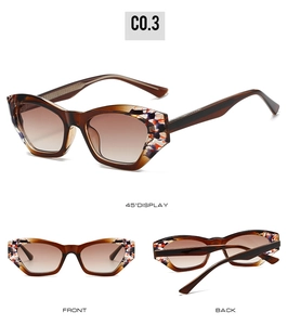 Three-way view of brown cat-eye sunglasses featuring unique colorful ink splatter texture