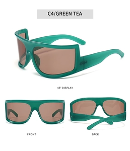Three-way view of green tea translucent Y2K sports sunglasses with wrap-around lenses