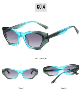 Three multi-angle views of cat-eye geometric sunglasses with turquoise gradient frames