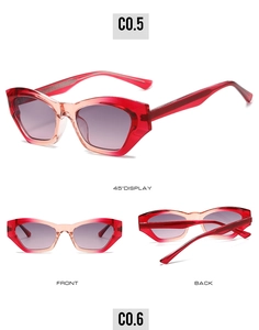 Three perspectives showing red gradient cat eye sunglasses with purple tinted lenses